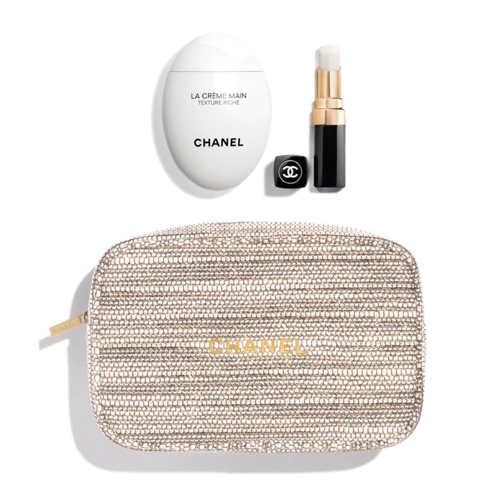 Chanel Holiday gift set hand crème and lip balm with tweed cosmetic pouch.